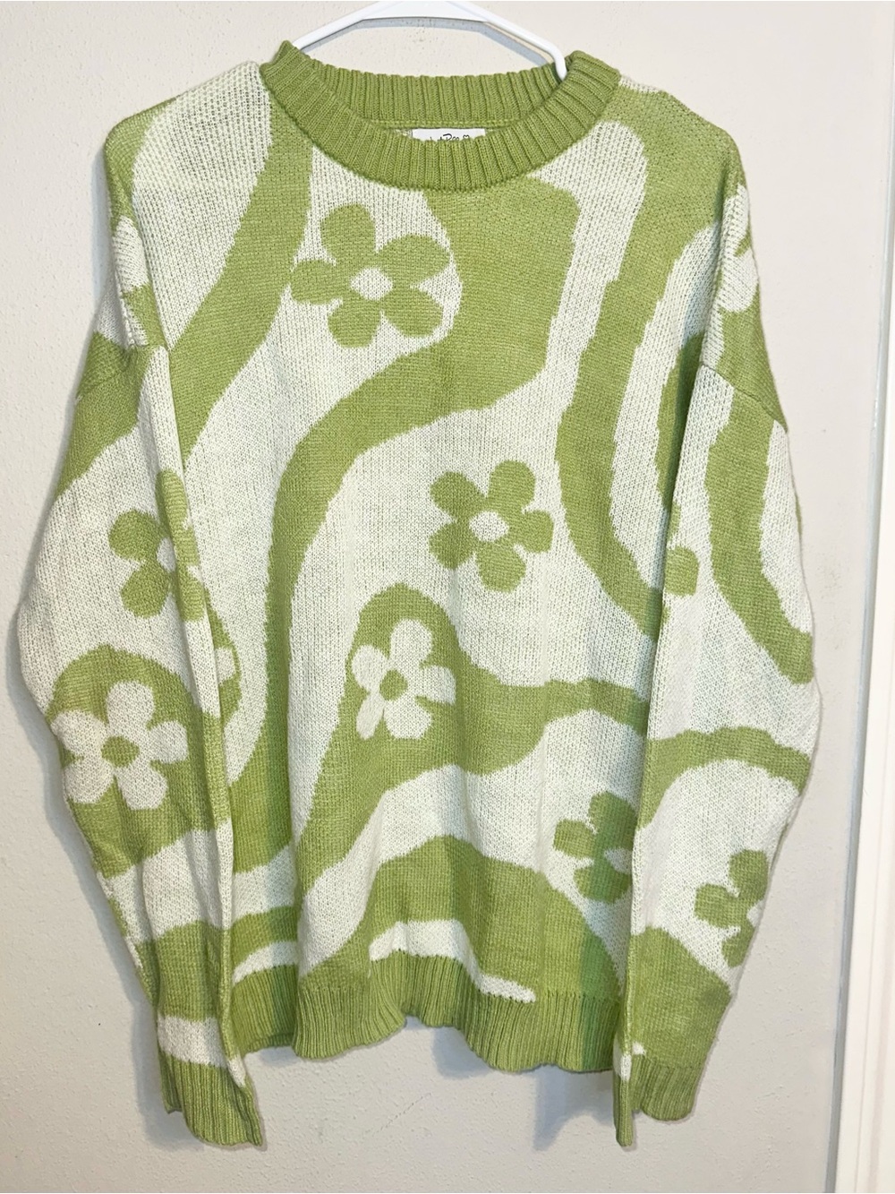Just Polly Floral Wave Crewneck Sweater - Green & Cream